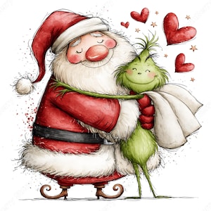Op de afbeelding: Een aquarelillustratie van de Kerstman met een witte baard en rood pak die een klein, groen, harig wezen omhelst. De sc&egrave;ne bevat verschillende rode harten en kleine gouden sterren die in de lucht zweven tegen een witte achtergrond.