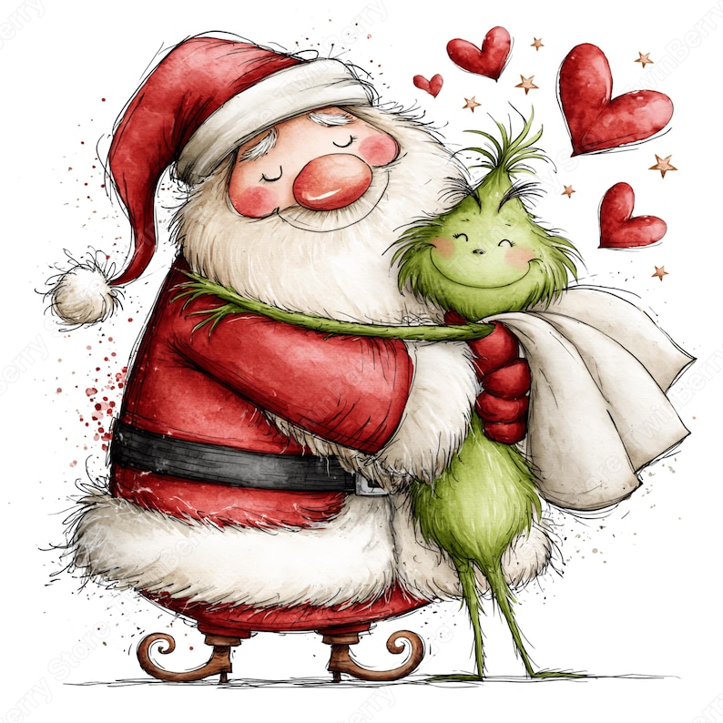 Op de afbeelding: Een aquarelillustratie van de Kerstman met een witte baard en rood pak die een klein, groen, harig wezen omhelst. De sc&egrave;ne bevat verschillende rode harten en kleine gouden sterren die in de lucht zweven tegen een witte achtergrond.