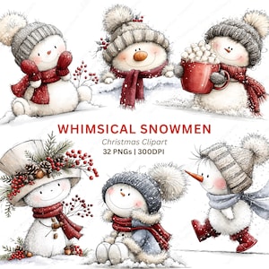 May include: A digital illustration set titled WHIMSICAL SNOWMEN Christmas Clipart 32 PNGs 300DPI featuring five snowmen characters wearing knit hats with pom-poms, red scarves, and mittens, with one holding a red mug of marshmallows.