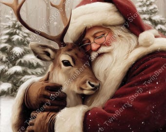 13 imágenes prediseñadas de renos navideños y Papá Noel en formato JPG, ilustración festiva, acuarela, descarga digital