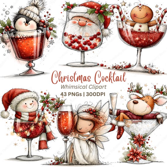 Funny Christmas Cocktail Clipart PNG, 43 Whimsical Characters in Glasses, Santa Snowman Reindeer Drinks for Cards & Sublimation