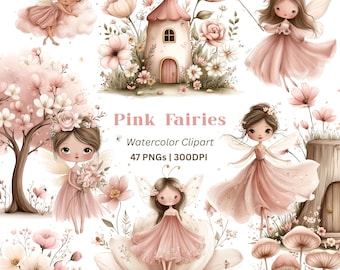 Watercolor Fairy Garden Clipart, Pink Fairies Clipart, Magical Garden Clipart, Birthday Bundle, Pink Fairytale, Nursery Decor