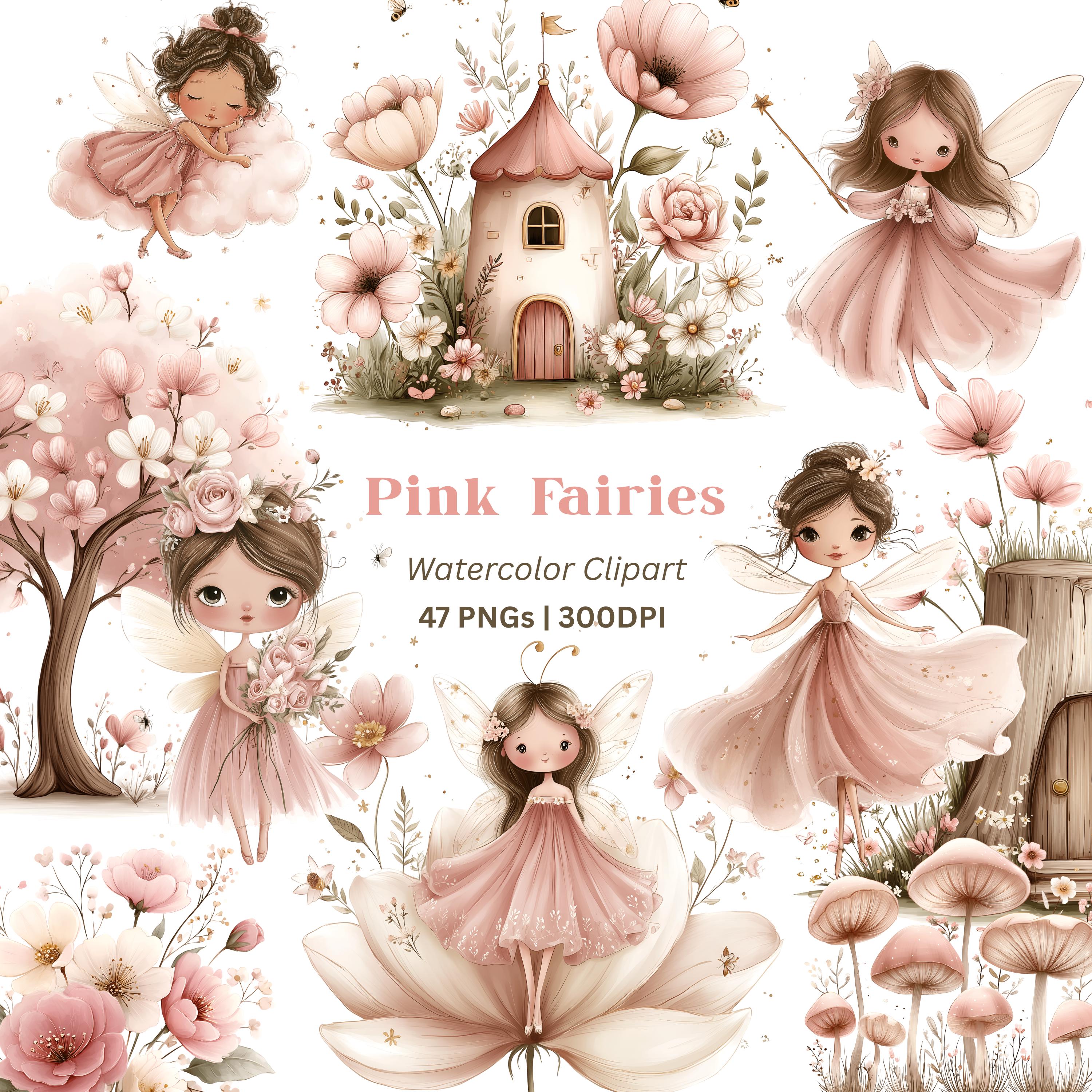 Watercolor Fairy Garden Clipart, Pink Fairies Clipart, Magical Garden ...