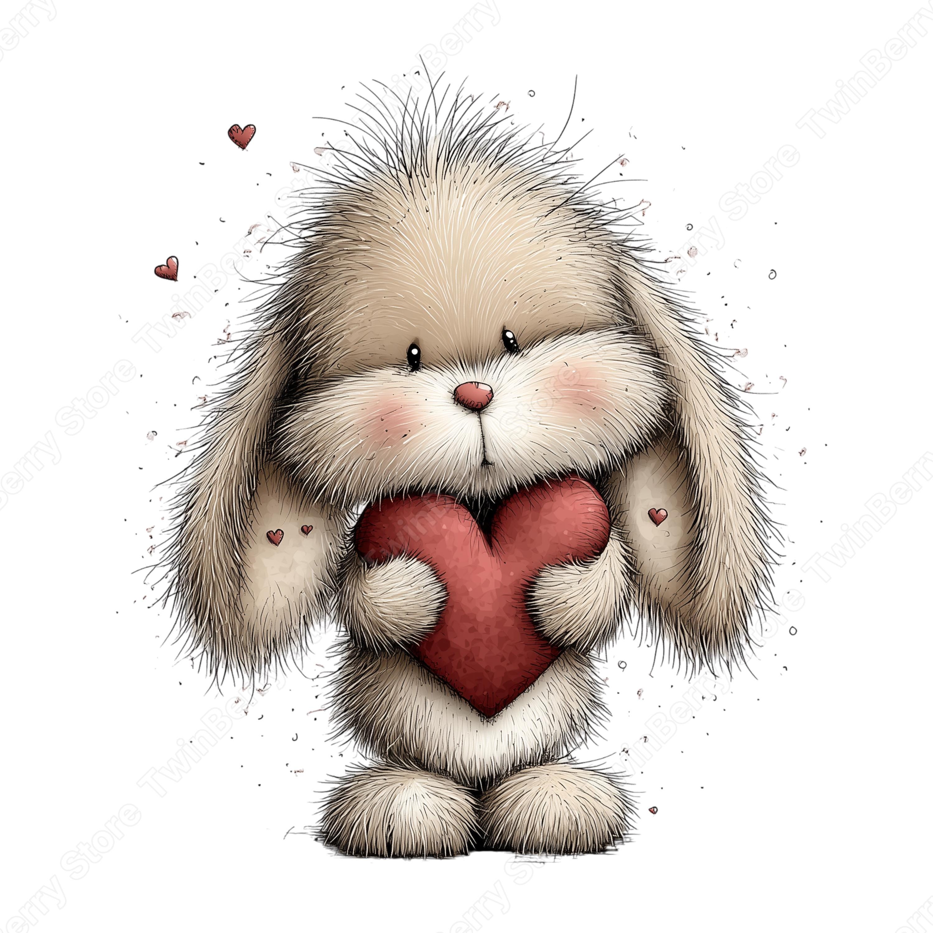 25 Valentine's Day Bunnies Clipart, Whimsical Fuzzy Rabbits With Hearts ...