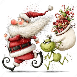 Grappige kerstman clipart PNG, 27 speelse kerstafbeeldingen, kerstman met groene vriend die cadeautjes draagt voor kaarten en sublimatie. afbeelding 9