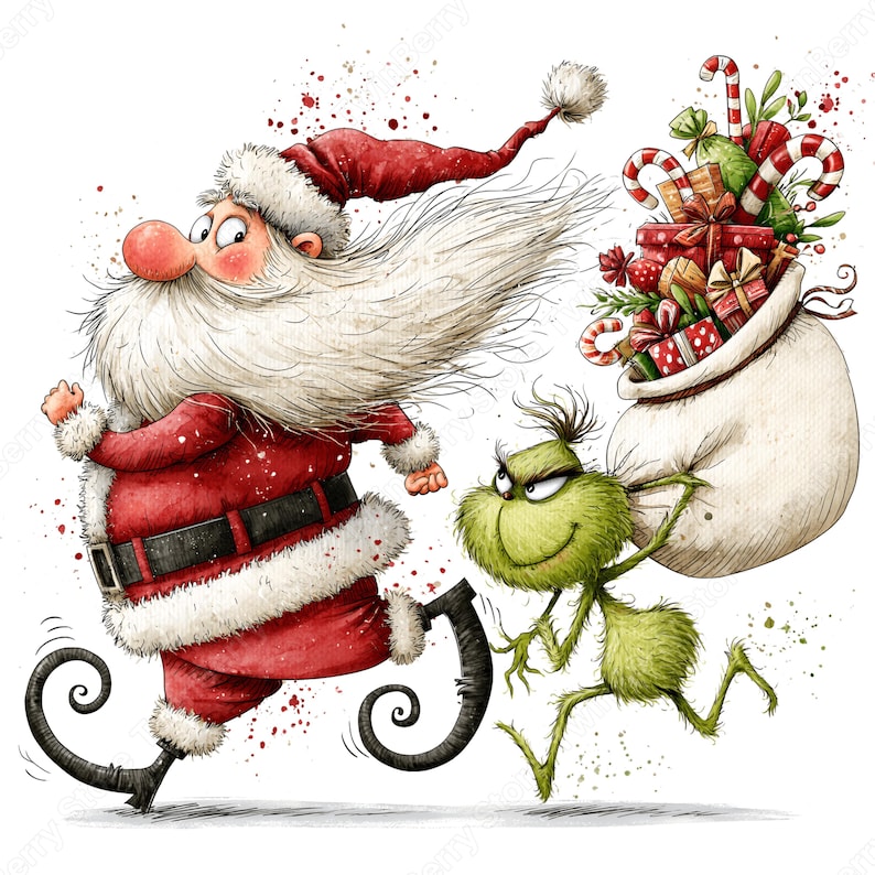 Grappige kerstman clipart PNG, 27 speelse kerstafbeeldingen, kerstman met groene vriend die cadeautjes draagt voor kaarten en sublimatie. afbeelding 9