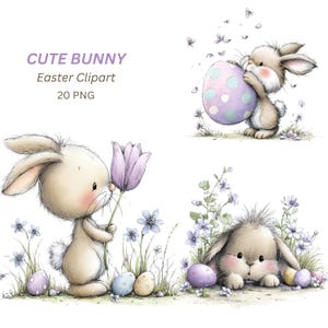 Easter Bunny PNG, 20 Whimsical Rabbit Clipart with Eggs Baskets for Greeting Cards