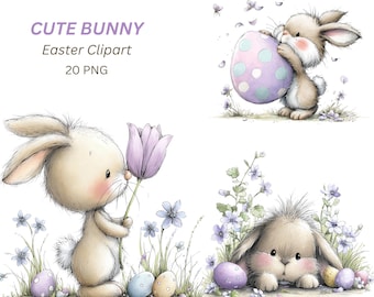 Easter Bunny PNG, 20 Whimsical Rabbit Clipart with Eggs Baskets for Greeting Cards