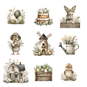 May include: Watercolor illustrations of Easter-themed elements. The image features a bunny, a duckling, a windmill, a house, a cake, a watering can, and a wooden crate, all decorated with eggs and flowers. The color palette includes soft greens, browns, and whites.