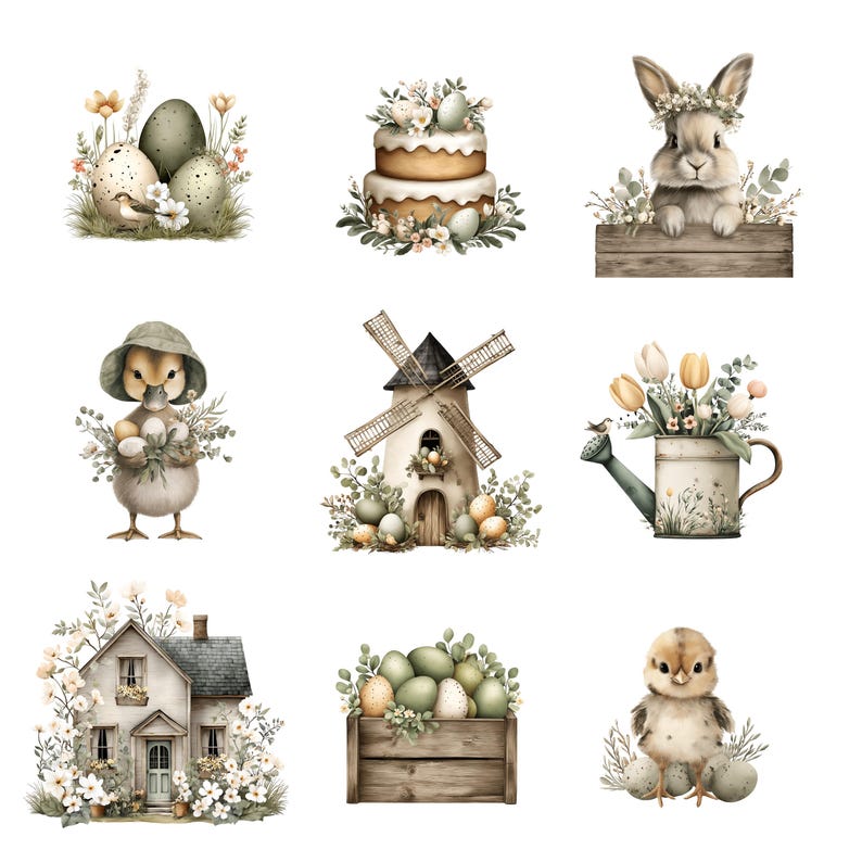 May include: Watercolor illustrations of Easter-themed elements. The image features a bunny, a duckling, a windmill, a house, a cake, a watering can, and a wooden crate, all decorated with eggs and flowers. The color palette includes soft greens, browns, and whites.