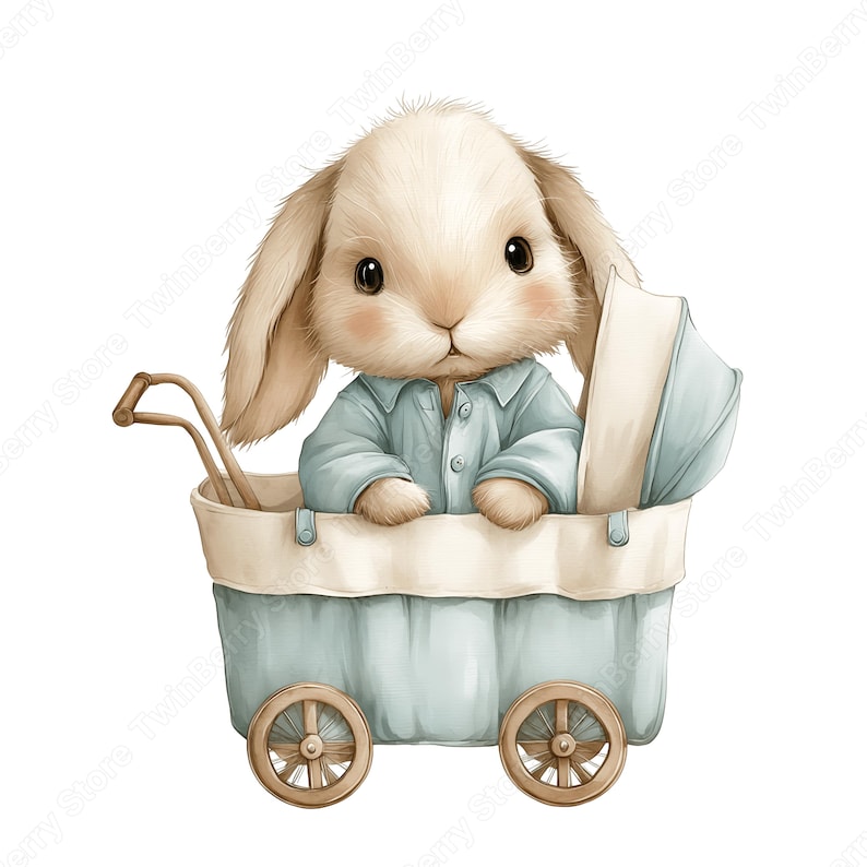 May include: A charming illustration of a baby rabbit in a blue shirt, seated in a light blue and cream-coloured vintage pram. The rabbit has long ears and rosy cheeks, with wooden wheels and a handle.