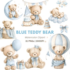 Clipart de oso de peluche en acuarela: Conjunto de ositos de peluche azules PNG (descarga digital: 31 PNG)