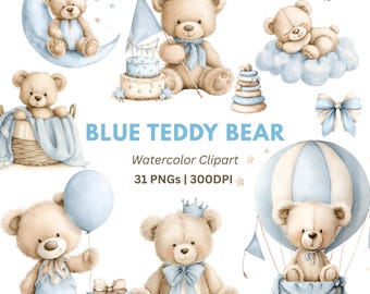 Clipart aquarel teddybeer: blauwe babyknuffels png-set (digitale download 31 png's)