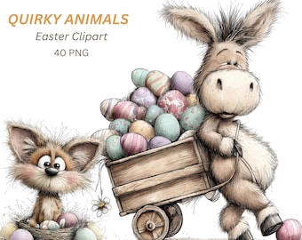 40 Easter Animals Clipart PNG, Whimsical Woodland Creatures with Eggs Graphics Bundle