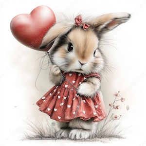 May include: A charming illustration of a bunny holding a red heart-shaped balloon. The bunny wears a red dress with white heart patterns and a small red bow. The bunny is standing in a grassy area with a few small flowers.