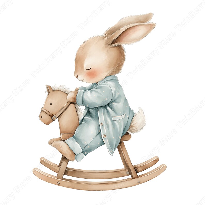 May include: A watercolour illustration of a bunny in blue pyjamas riding a wooden rocking horse. The bunny has closed eyes and rosy cheeks. The rocking horse is light brown with a white mane and tail. The background is white.