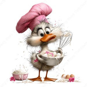 May include: A cartoon duck wearing a pink chef's hat and apron, holding a bowl of eggs and a whisk. The duck is surrounded by splashes of white liquid, with a bowl of flour and eggs nearby. The image has a whimsical, illustrative style.