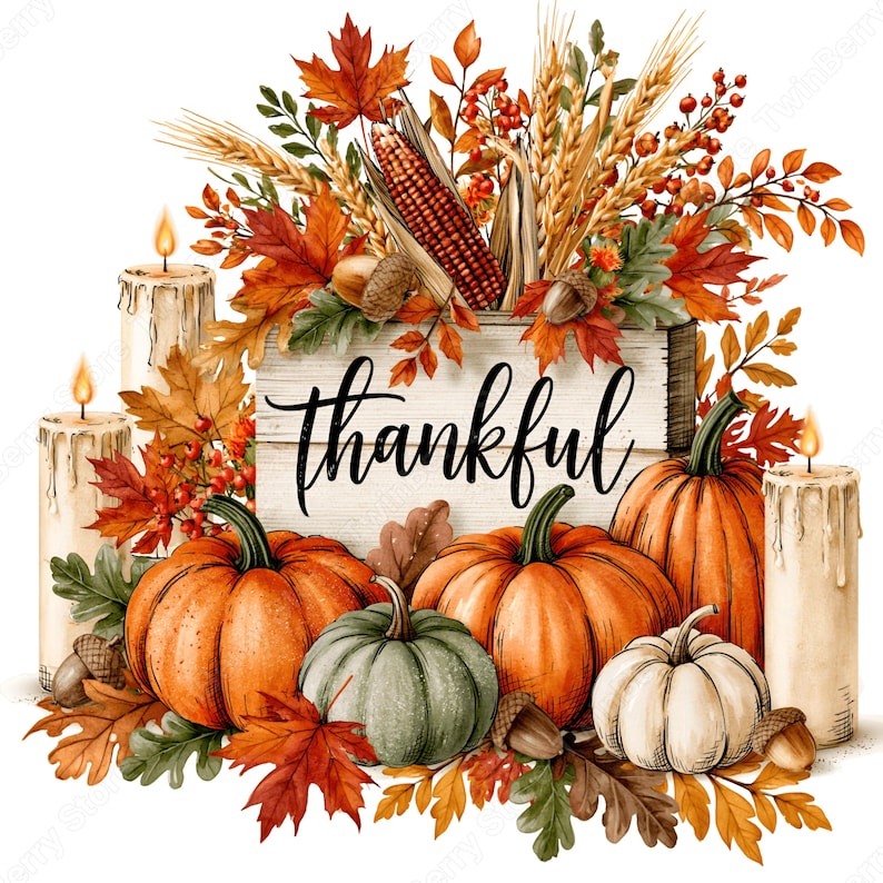 May include: A decorative arrangement featuring a wooden sign with the word thankful, surrounded by orange, green, and white pumpkins, three lit pillar candles, autumn maple leaves, wheat stalks, red berries, and acorns on a white background.