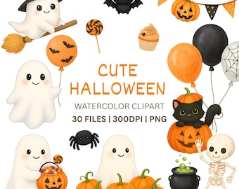 Cute Halloween Clipart - 30 Watercolor PNG Images - Ghosts, Pumpkins, Cats, Bats, Spiders and Haunted House Clipart