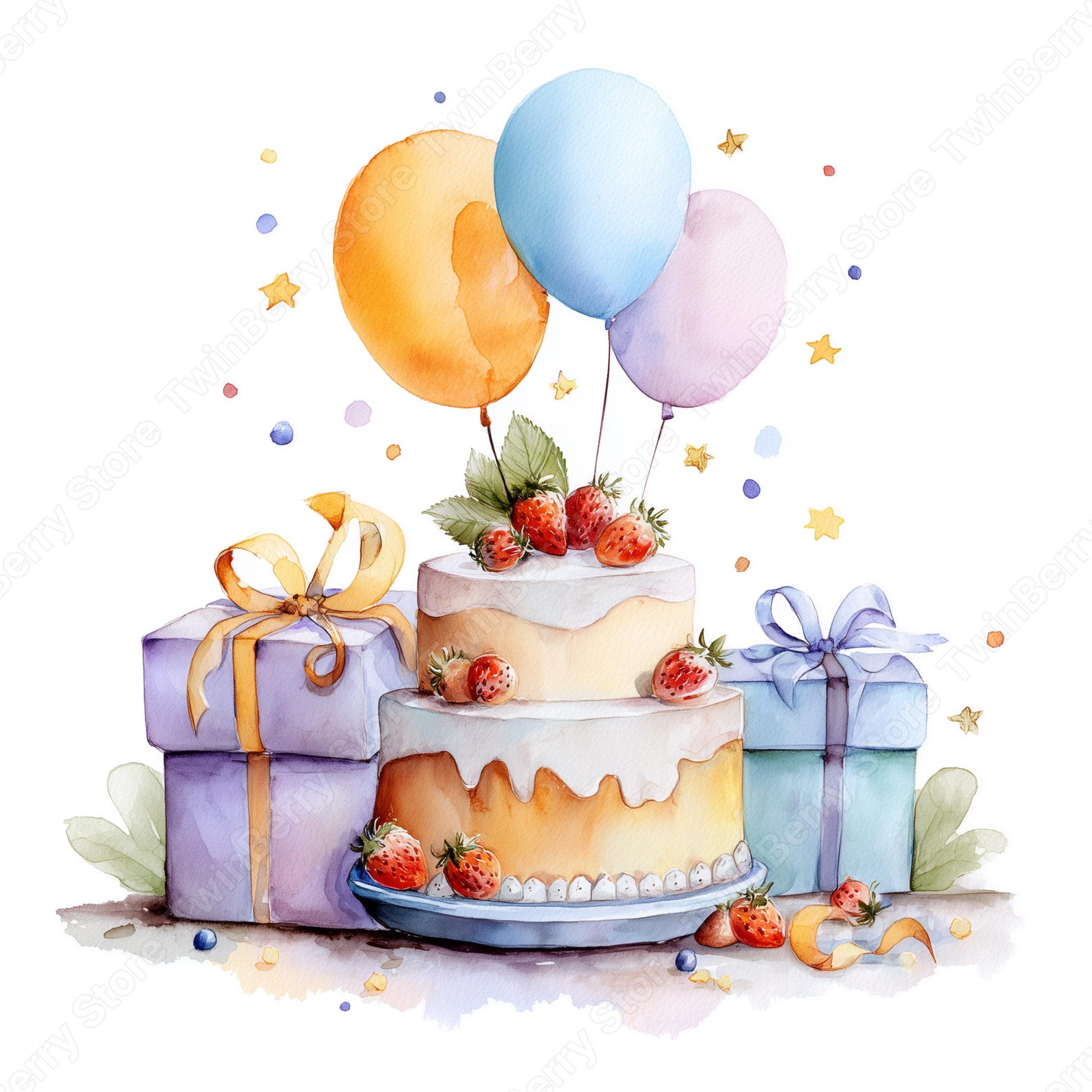 Birthday Clipart JPG, 15 Watercolor Cake With Balloons and Gifts ...