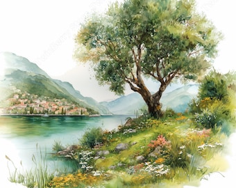 Frühling Clipart JPG, 20 Aquarell Landschaft See Bergwiese Grafiken Bundle