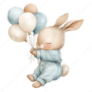 May include: A charming watercolour illustration of a bunny in a light blue onesie, clutching pastel balloons. The bunny has its eyes closed, creating a gentle, whimsical feel, suitable for nursery decor or children's items.