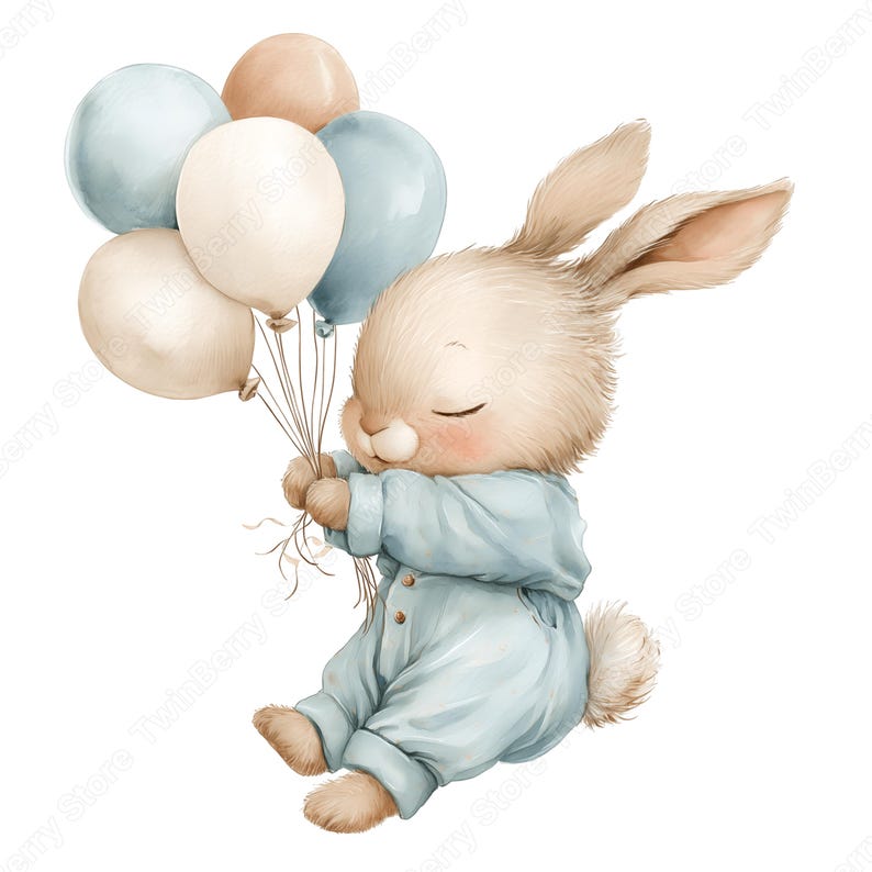 May include: A charming watercolour illustration of a bunny in a light blue onesie, clutching pastel balloons. The bunny has its eyes closed, creating a gentle, whimsical feel, suitable for nursery decor or children's items.