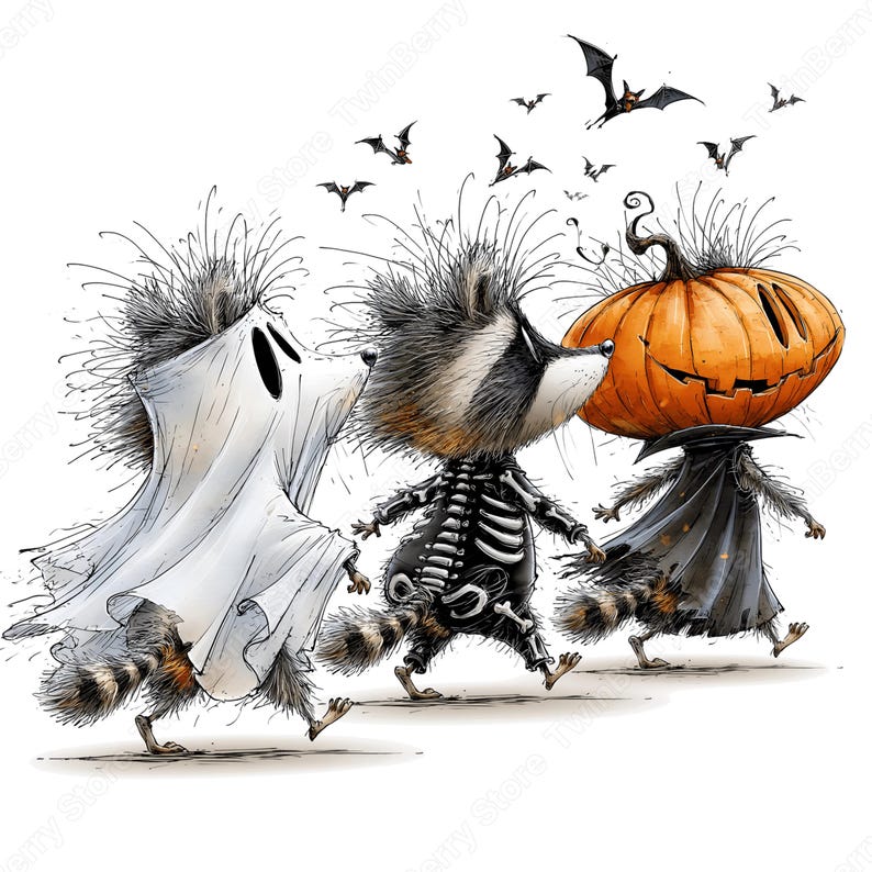 May include: A digital illustration of three raccoons walking in a line, dressed in Halloween costumes. One wears a white ghost sheet, one a black skeleton suit, and one a black cape with a large orange pumpkin head covering its own head.
