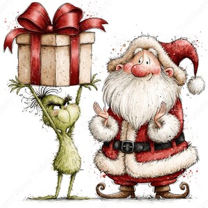 Op de afbeelding: Een groen, harig wezen met een ondeugende uitdrukking houdt een grote, beige geschenkdoos met een opvallende rode strik boven zijn hoofd, naast een vrolijke kerstmanfiguur in een rood pak met witte bontrand en een zwarte riem.