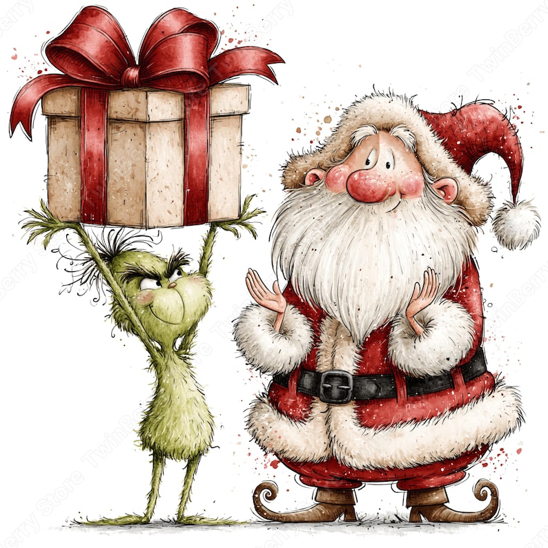 Op de afbeelding: Een groen, harig wezen met een ondeugende uitdrukking houdt een grote, beige geschenkdoos met een opvallende rode strik boven zijn hoofd, naast een vrolijke kerstmanfiguur in een rood pak met witte bontrand en een zwarte riem.