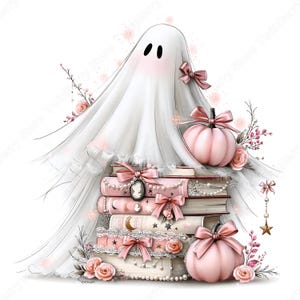 May include: A white ghost illustration draped over a stack of books decorated with pink bows, pearls, and roses. Two light pink pumpkins sit beside the books, which feature cameo accents, star motifs, and lace trim, all surrounded by floral sprigs.