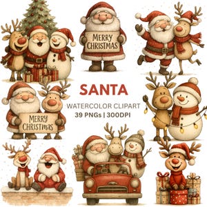 Könnte beinhalten: Aquarell-Clipart mit Weihnachtsmotiven, darunter der Weihnachtsmann, Rentiere und Schneemänner. Der Weihnachtsmann trägt einen roten Anzug und Hut und hält ein "Merry Christmas"-Schild. Rentiere und Schneemänner sind mit Schals und Mützen geschmückt. Enthält einen Weihnachtsbaum und Geschenke.