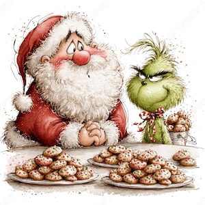 Op de afbeelding: Een aquarelillustratie van de Kerstman met een witte baard en rood pak, zittend naast een groen, harig wezen met een ondeugende uitdrukking. Op de voorgrond staan twee borden vol ronde koekjes met rode en groene spikkels.