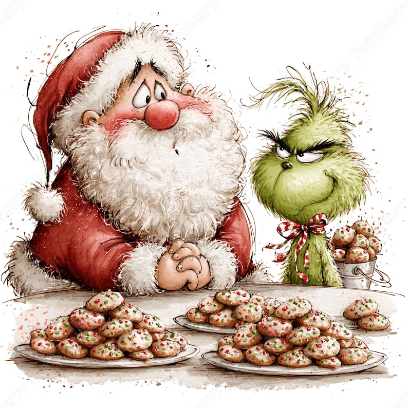 Op de afbeelding: Een aquarelillustratie van de Kerstman met een witte baard en rood pak, zittend naast een groen, harig wezen met een ondeugende uitdrukking. Op de voorgrond staan twee borden vol ronde koekjes met rode en groene spikkels.