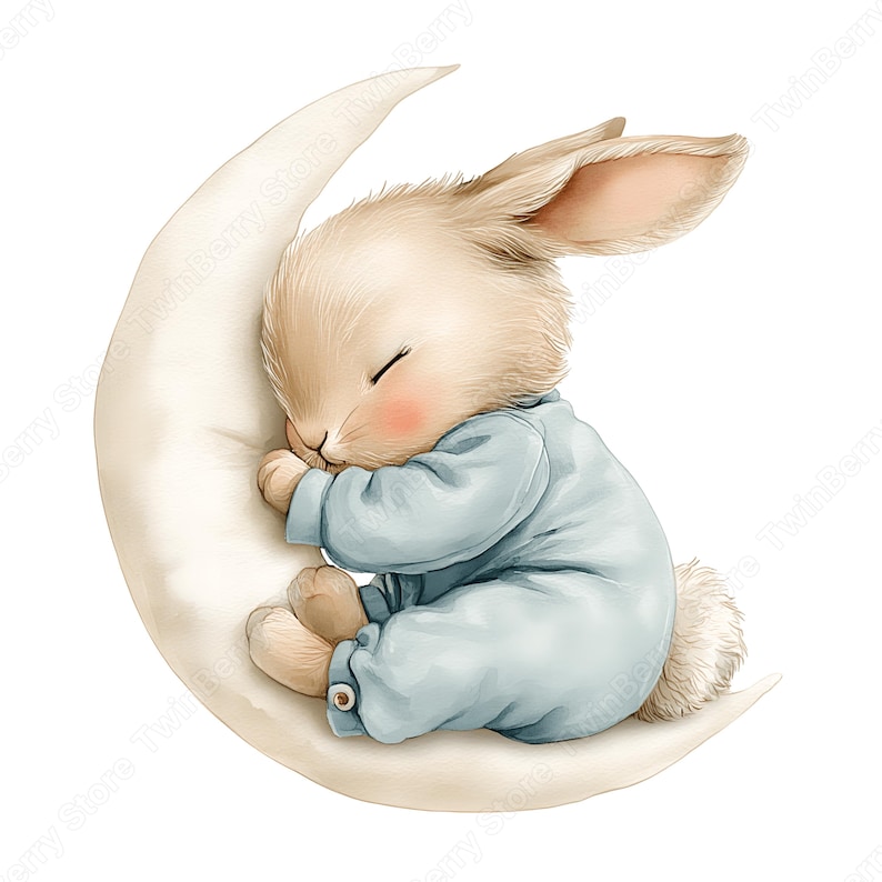 May include: A watercolour illustration of a sleeping bunny in a light blue onesie, resting on a crescent moon. The bunny has closed eyes, pink cheeks, and soft, fluffy fur. The moon is a creamy white colour.