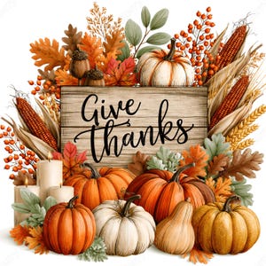 May include: A wooden sign with the text Give Thanks surrounded by orange and white pumpkins, ears of corn, autumn leaves, berries, and three cream-colored pillar candles. The arrangement features fall harvest elements in shades of brown, orange, and green.