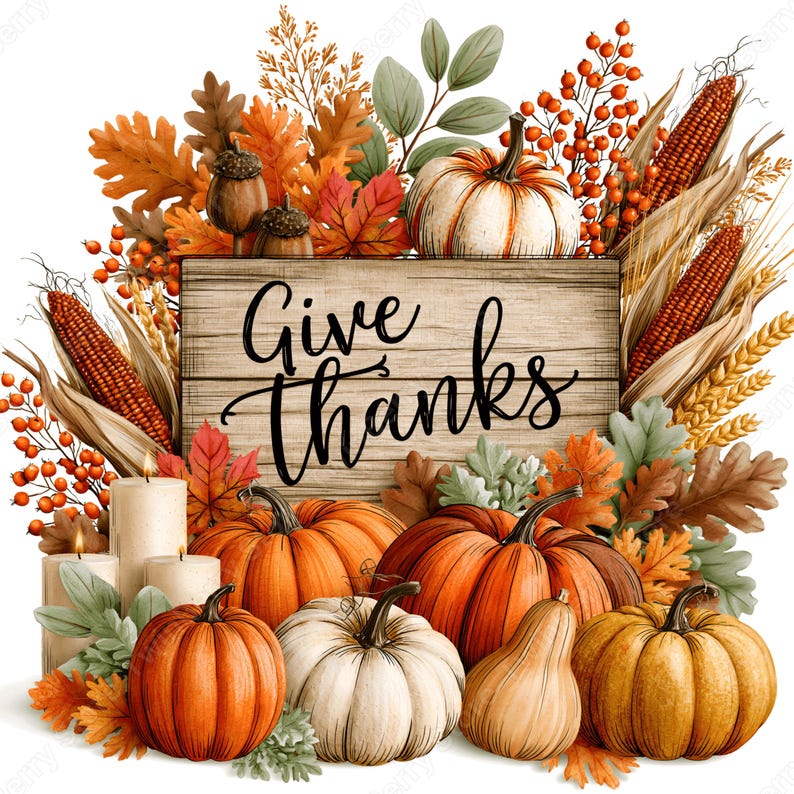 May include: A wooden sign with the text Give Thanks surrounded by orange and white pumpkins, ears of corn, autumn leaves, berries, and three cream-colored pillar candles. The arrangement features fall harvest elements in shades of brown, orange, and green.