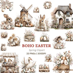 Op de afbeelding: Waterverfillustraties met Pasen als thema. De afbeelding toont konijnen, kuikens, eieren, een windmolen, een huisje en bloemstukken. Tekst luidt "BOHO EASTER Spring Clipart 33 PNGs | 300DPI". Het kleurenpalet bestaat uit zachte pasteltinten en natuurlijke tinten.