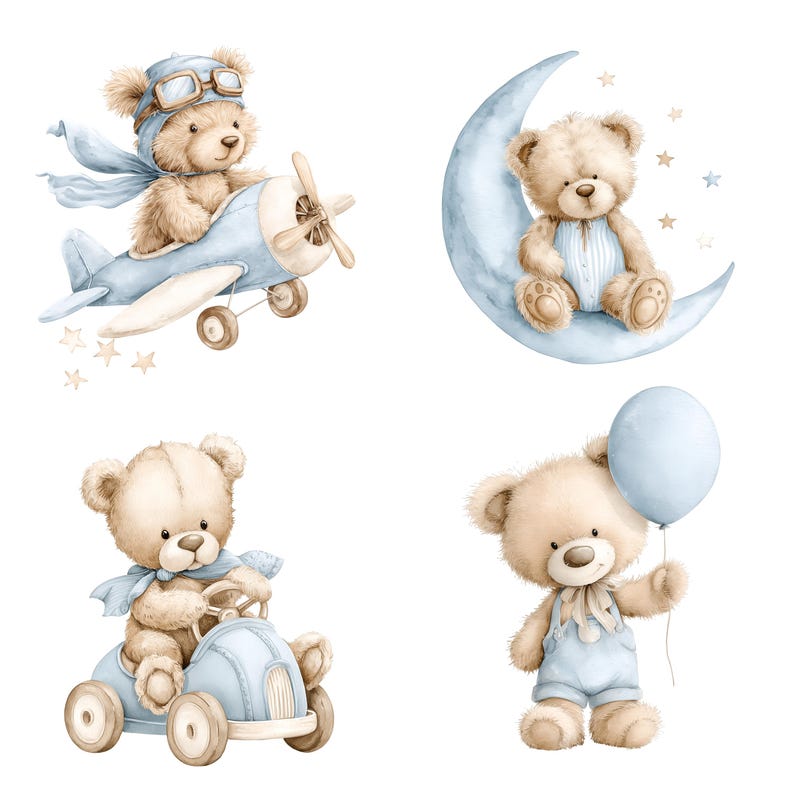 Clipart aquarel teddybeer: blauwe babyknuffels png-set (digitale download 31 png's) afbeelding 5