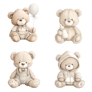 Watercolor Teddy Bear Clipart: Boho Nursery PNG Images (Digital Download - 40 PNGs) image 5