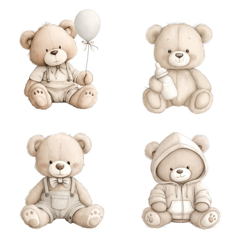 Watercolor Teddy Bear Clipart: Boho Nursery PNG Images (Digital Download - 40 PNGs) image 5