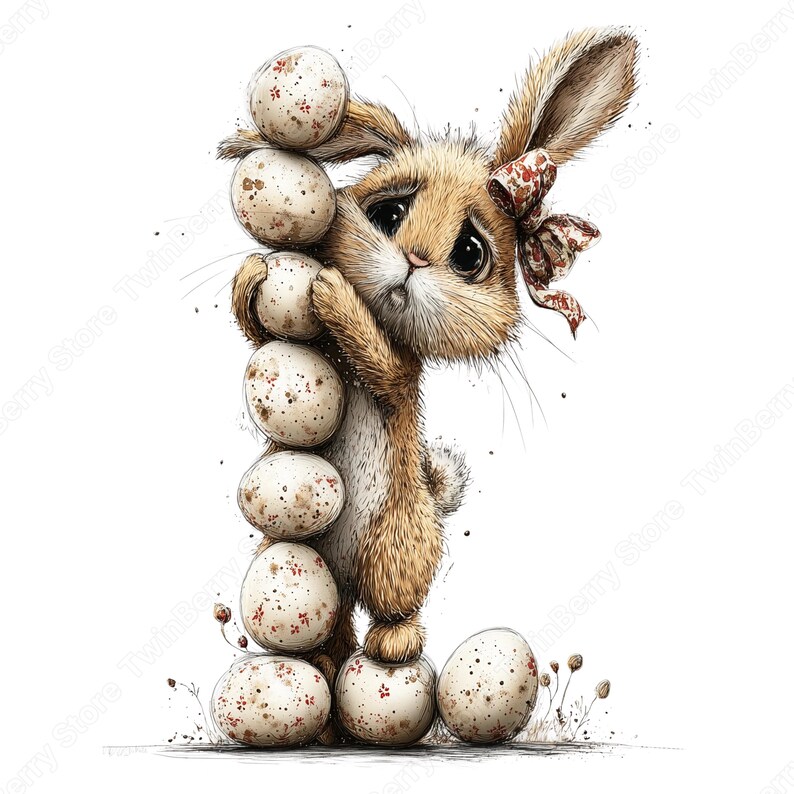 30 Whimsical Easter Bunny Clipart, Fuzzy Rabbits With Spring Eggs PNG ...