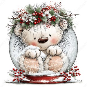 Imágenes prediseñadas de osos blancos navideños en formato PNG, 30 lindos gráficos de osos polares en acuarela, ositos de peluche con bufandas, regalos para tarjetas y sublimación. imagen 6