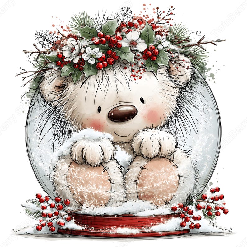 Imágenes prediseñadas de osos blancos navideños en formato PNG, 30 lindos gráficos de osos polares en acuarela, ositos de peluche con bufandas, regalos para tarjetas y sublimación. imagen 6