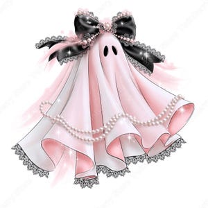 May include: A stylized ghost illustration featuring a pale pink draped body with two black oval eyes. The ghost is adorned with a large black satin bow, intricate silver lace trim, and a draped string of white pearls across the front.
