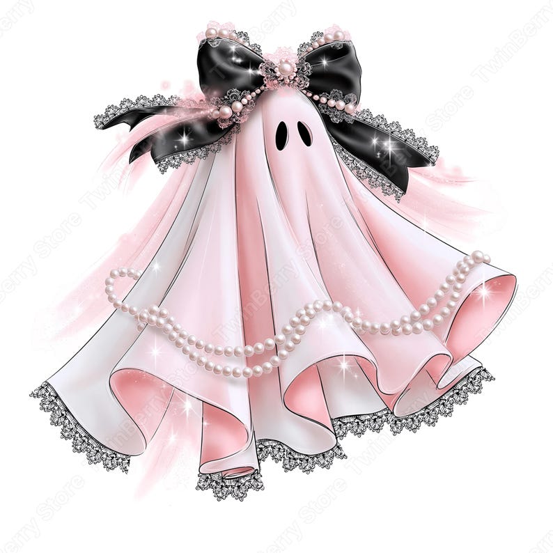 May include: A stylized ghost illustration featuring a pale pink draped body with two black oval eyes. The ghost is adorned with a large black satin bow, intricate silver lace trim, and a draped string of white pearls across the front.