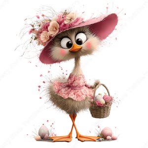 May include: A whimsical illustration of a cartoon goose wearing a pink floral hat and dress, holding a basket of Easter eggs. The goose has large eyes, rosy cheeks, and orange feet. Pink and white flowers adorn the hat. Easter theme.