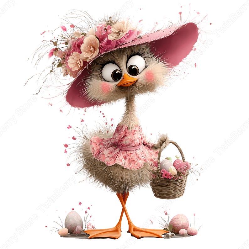 May include: A whimsical illustration of a cartoon goose wearing a pink floral hat and dress, holding a basket of Easter eggs. The goose has large eyes, rosy cheeks, and orange feet. Pink and white flowers adorn the hat. Easter theme.