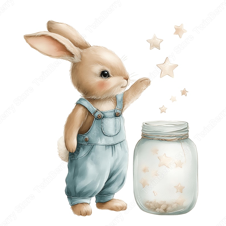 May include: A watercolour illustration of a bunny in blue dungarees, reaching for floating stars. A glass jar with stars inside is next to it. The bunny is light brown with a white tail, and the stars are a soft beige.