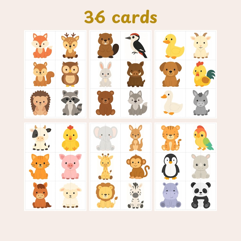 Animal Matching Game Printable for Kids – 36 Animals (farm, Forest, Zoo ...